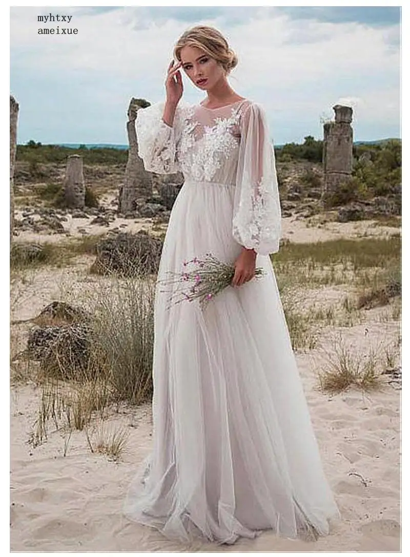 

Beach Cheap Wedding Dress 2019 Robe De Mariee Puff Sleeves Delicate Appliques Sexy Bride Dress Backless Vestido De Novia China