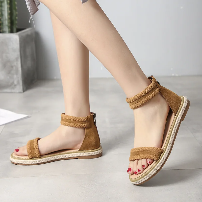 

Leather Korean women's sandals wild large size 33-42 flat bottom Roman sandals female summer new 2018 word with women's shoes.