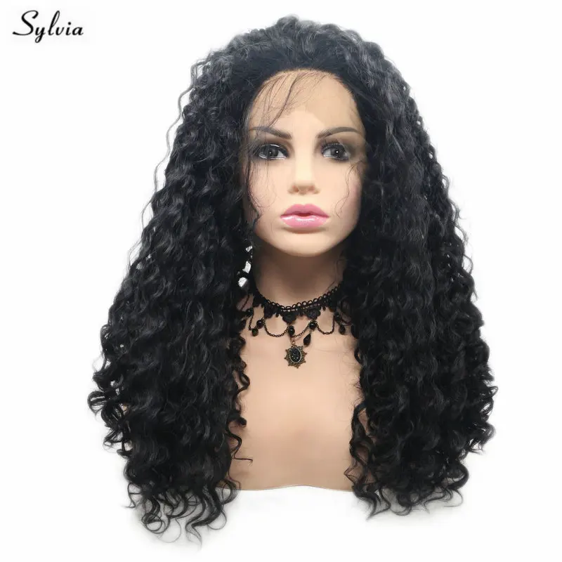 Sylvia Glueless парик с кружевом спереди для леди свободная волна черный волосами