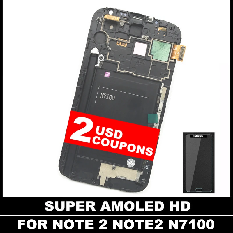 

Super AMOLED LCD Replacement For Samsung Galaxy Note2 Note 2 N7100 LCDs Screen Display With Frame Touch Digitizer Assembly Glass