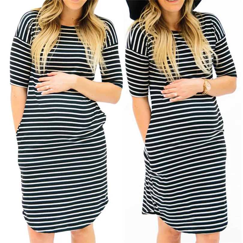 2019 new Fashion Womens Pregnants O-Neck Stripe Short Sleeve Nursing Maternity Dress brief design #4m29 (5)