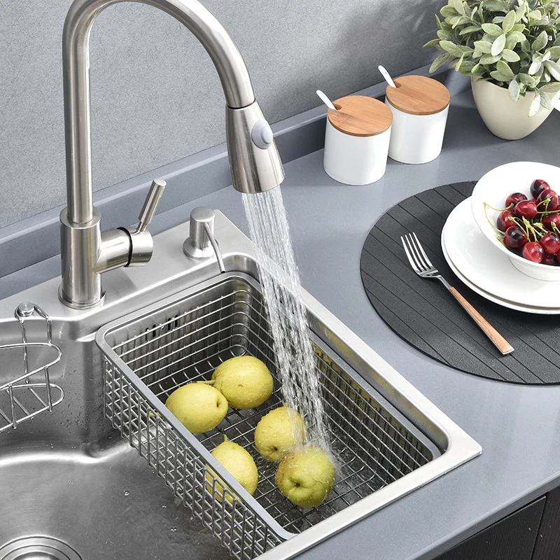Multifunctional Thicken Brushed SUS304 Stainless Steel Kitchen Sink Set with Drainer Pull Out Faucet Block (Knives Not Included)