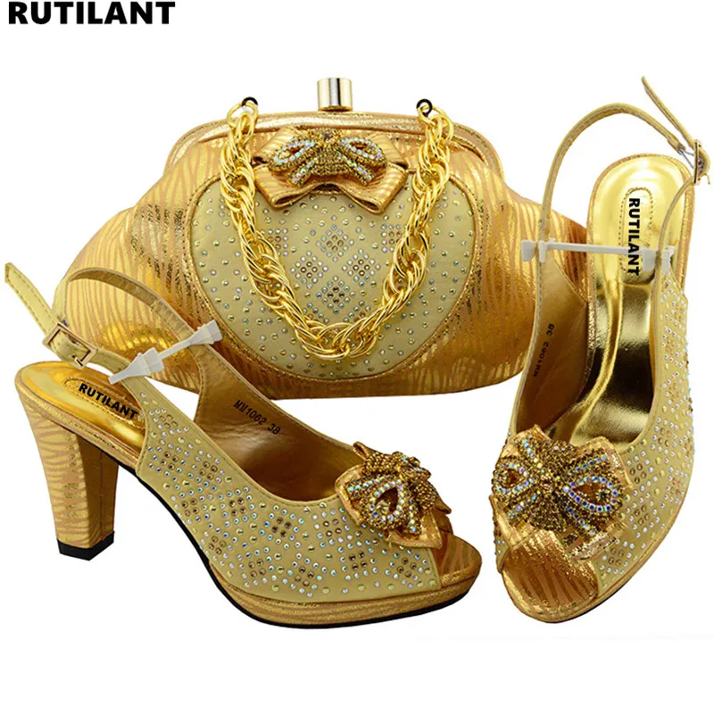 

New Arrival Italian Shoes with Matching Bags High Quality Gold Italian Shoe Bag Set Nigerian Women Wedding Shoes and Bag Sets