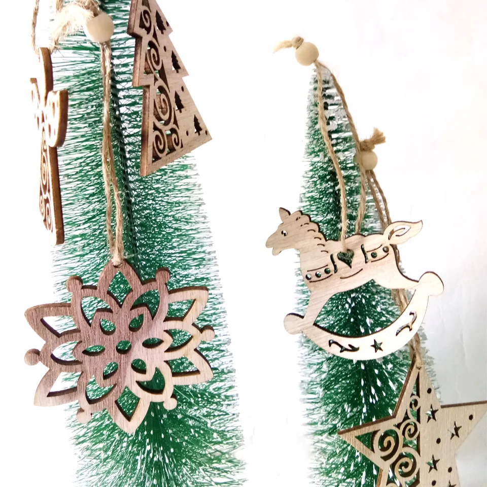 6PCS EUROPEAN CHRISTMAS TREE HOLLOW WOODEN SNOWFLAKES PENDANTS ORNAMENTS XMAS