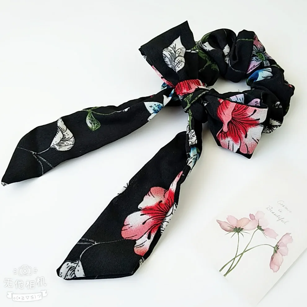 AWAYTR Print Chiffon Scrunchie Elastic Hair Band Bow Hair Ropes Sweet Ladies Head Band Girls Hair Ties Women Hair Accessories