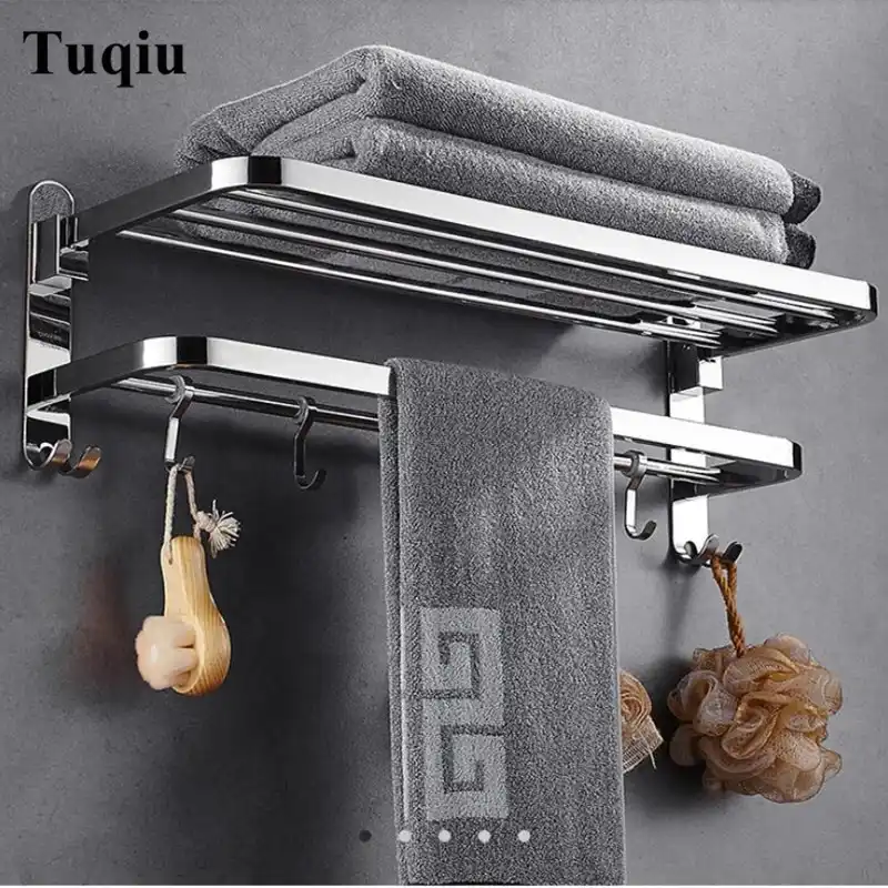 Nail Or Nail Free Towel Racks Bathroom Chrome Finish Foldable Bath Towel Shelves Towel Bar Bath Hardware Double Level With Hooks Towel Racks Aliexpress