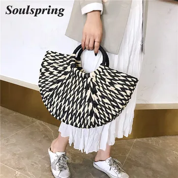 

New Bohemian Bali Hand-Woven Rattan Bag Semi-Circular Women Handbags Top-Handle Bags Fashion High Capacity Beach Straw Bag Sac