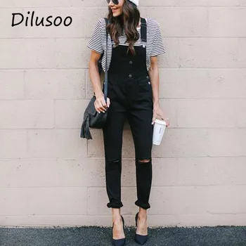 

Dilusoo Straps Denim Jenas Pants Holes Pockets Women Overalls Black Jeans Casual Autumu Women's Denim Straps Jumpsuit Trousers