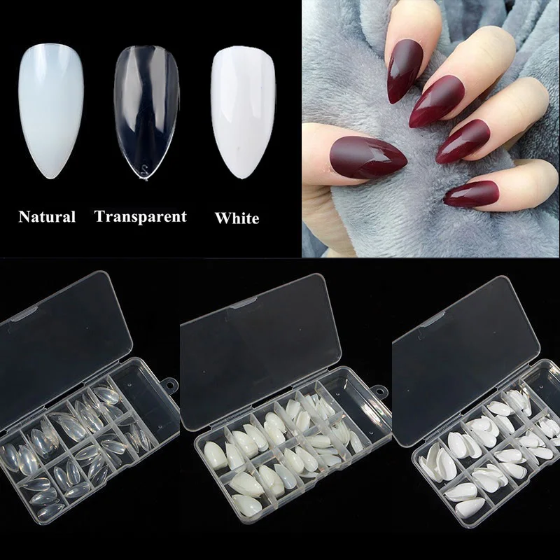 

100pcs/Box Stiletto Pointed Acrylic fake Nails Oval Short Artificial nail tips Plastic full false french nail art tips
