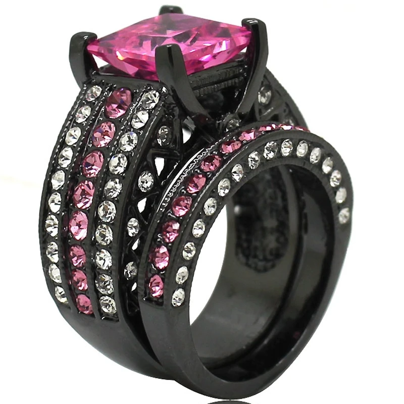 size 5 6 7 8 9 10 11 black rhodium plated pink stone princess cut wedding - Pink And Black Wedding Ring Set size 5 6 7 8 9 10 11 black rhodium plated pink stone princess cut wedding - Pink And Black Wedding Ring Set