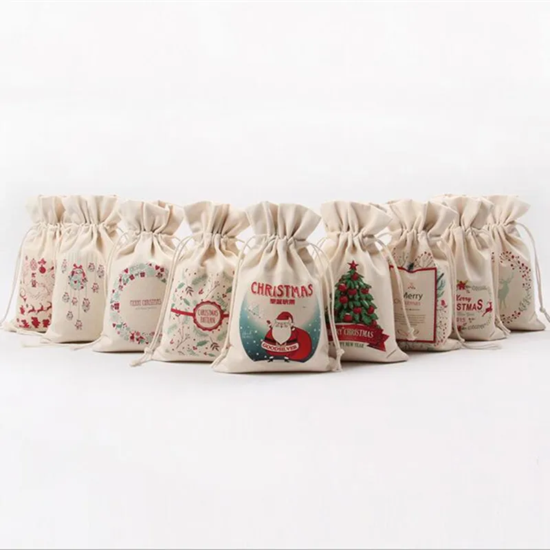 9pcs Creative Christmas Gift Bag 9 Style Drawstring Canvas Santa Sack ...