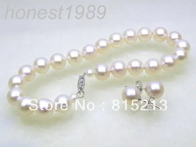 

ddh0037 Genuine 7.5-8mm AAA+ round white akoya pearl bracelet earring 14k gold set 7.5