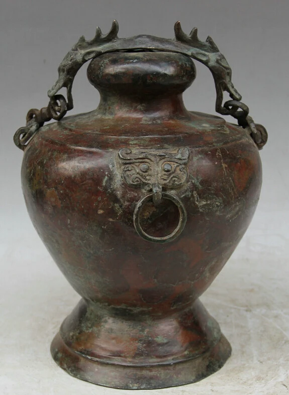 

S2172 14" Old Chinese Bronze Beast Water Wine Ware Vessel Portable Pot Bottle Kettle D0318