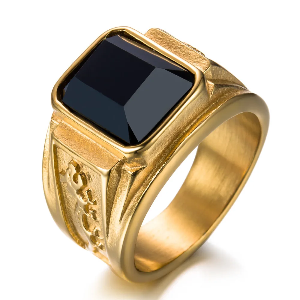 

Gold Color 316 Stainless Steel Square Natural Stone Ring Mens Signet Rings Oriental Dragon Totem Hip Hop Rock Jewelry Size 7-13