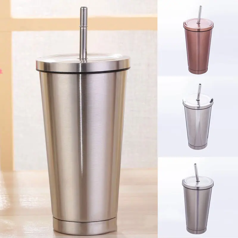 

500ml Stainless Steel Mug Travel Tumbler Coffee Cup With Drinking Straw Portable