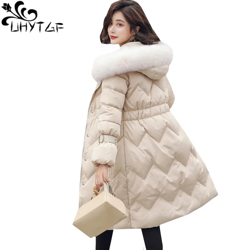 

UHYTGF New Big fur collar Winter Down jacket Warm Outerwear Hooded Slim Elegant Women's jacket Plus size Parker Cotton Coat1056