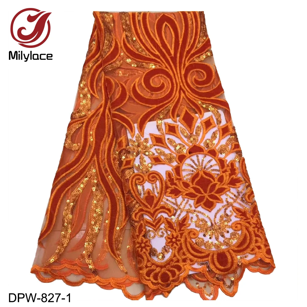 

Orange Color African Lace Fabric 2019 High Quality French Velvet Lace Fabric with Sequins Lace Fabric for Wedding Party DPW-827