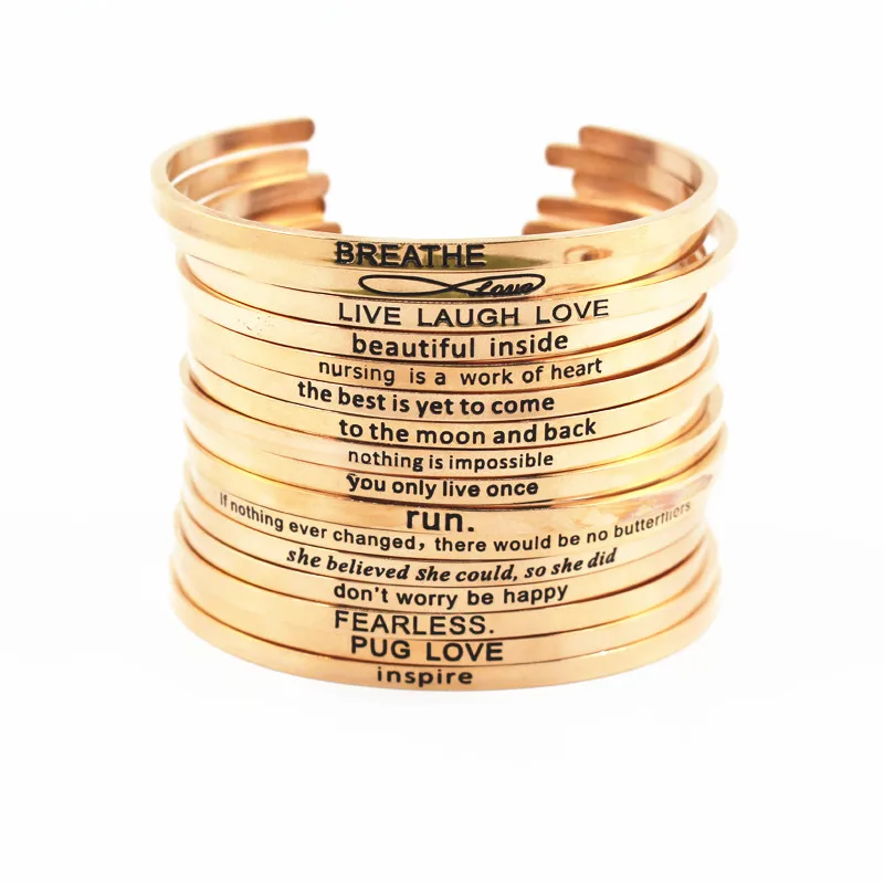 

Rose gold cuff bangle Stainless Steel Engraved Positive Inspirational Quote Hand Cuff Bracelet Mantra Bangle for women gift