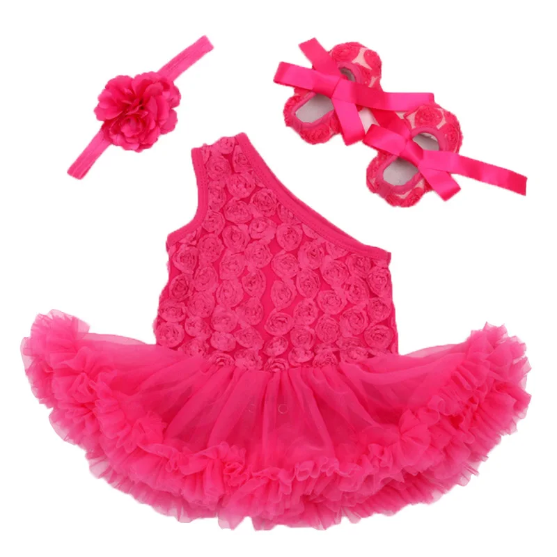 

Sweet Baby Girl Clothes Sets Rose Flower Bebe One Shoulder Bridesmaids Party Dress Tutu Dress Kids Shoes Headband 3pcs Baby Set