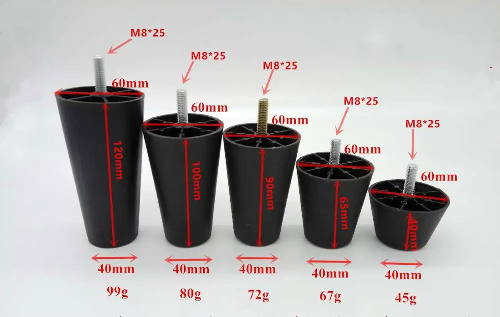 4 шт Круглые конические черные пластиковые ножки для мебели 40 65 90 100 120 мм с резьбой M8* 25 хвостовик для дивана и стула