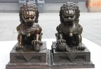 

China Copper Bronze Guardian Evil Beast Foo Fu Dog Door Lion Sculpture Pair