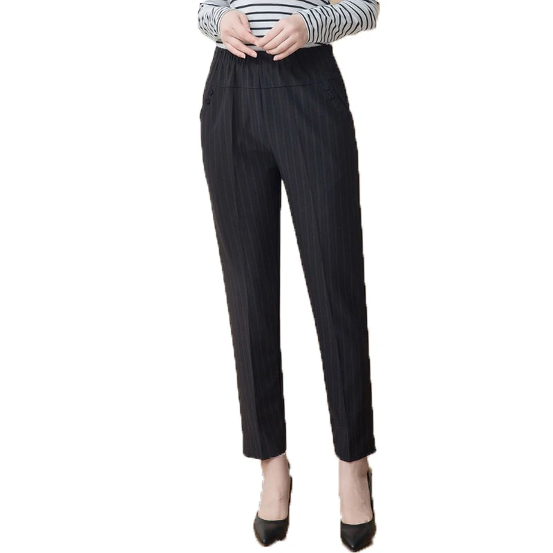 

Elderly Women Black Pants High Elastic Band Waist Trousers Striped Pantalones Mujer Middle Aged Woman Casual Pant Mother Trouser