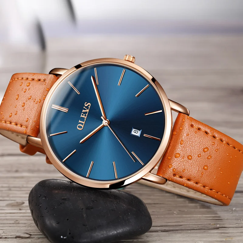 OLEVS повседневные кожаные часы для мужчин люксовый бренд ультра тонкие кварцевые часы с календарем розовое золото водонепроницаемые спортивные мужские наручные часы