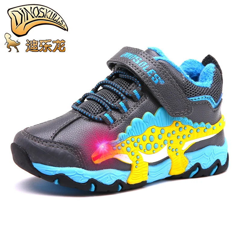 Dinoskulls/детские ботинки для мальчиков; детская зимняя теплая обувь; флисовая зимняя обувь; туфли со светодиодной подсветкой для мальчиков; зимние ботинки; botas 27-34 - Цвет: Gray