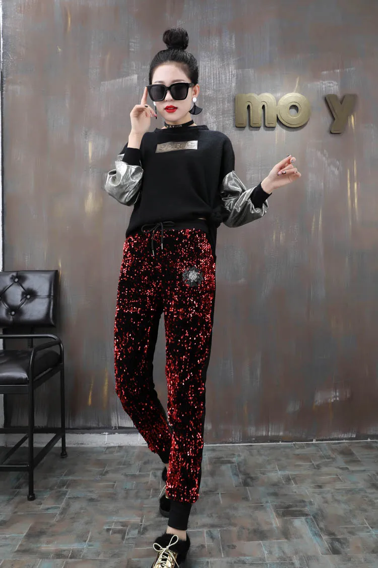 Брюки женские с завышенной талией повседневные велюровые штаны блестками на