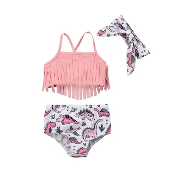 

2019 Summer Toddler Baby Girl Dinosaur Tassel Bikini Halter Bow 3pces Beach Swimwear Outfit Swimsuit Bathing Beachwear