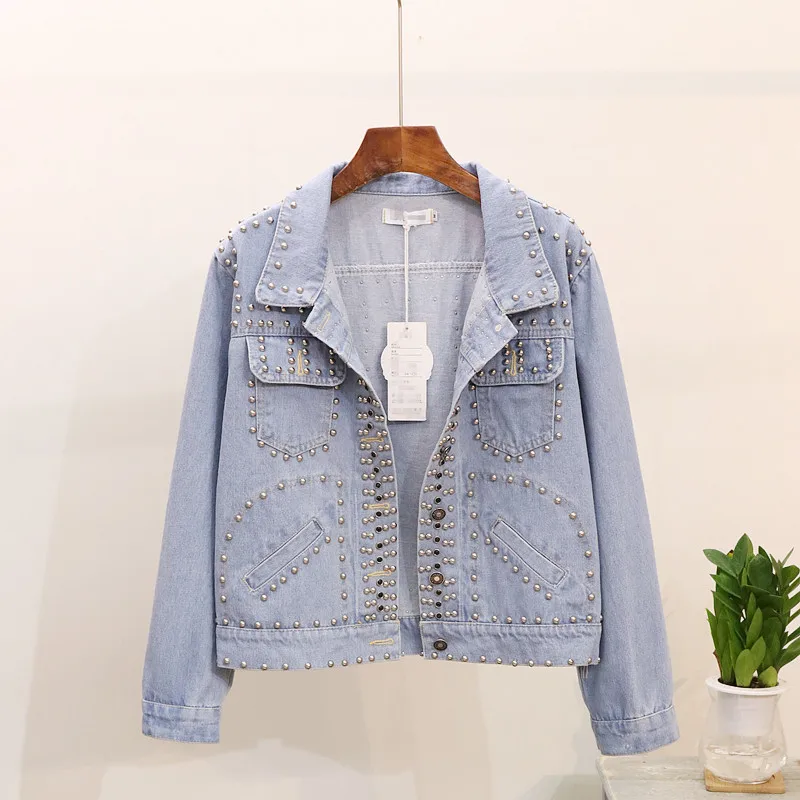 2018 Autumn New Fashion Women's Punk Rivet Jeans Short Coat Lapel Long Sleeve Denim Jackets Casual Loose Outwear manteau femme | Женская