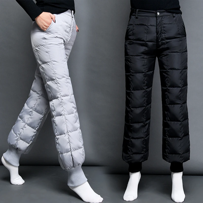 Теплые женские брюки, зима, новые зимние штаны для женщин, серые, черные, с высокой талией, на утином пуху, штаны для женщин, плотные, 1006-138