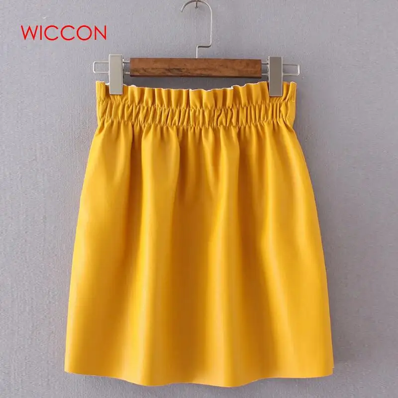 WICCON/Новинка, модные женские однотонные юбки черного и желтого цвета, женское из искусственной кожи, мини-юбка с эластичной резинкой на талии, повседневные уютные юбки - Цвет: yellow