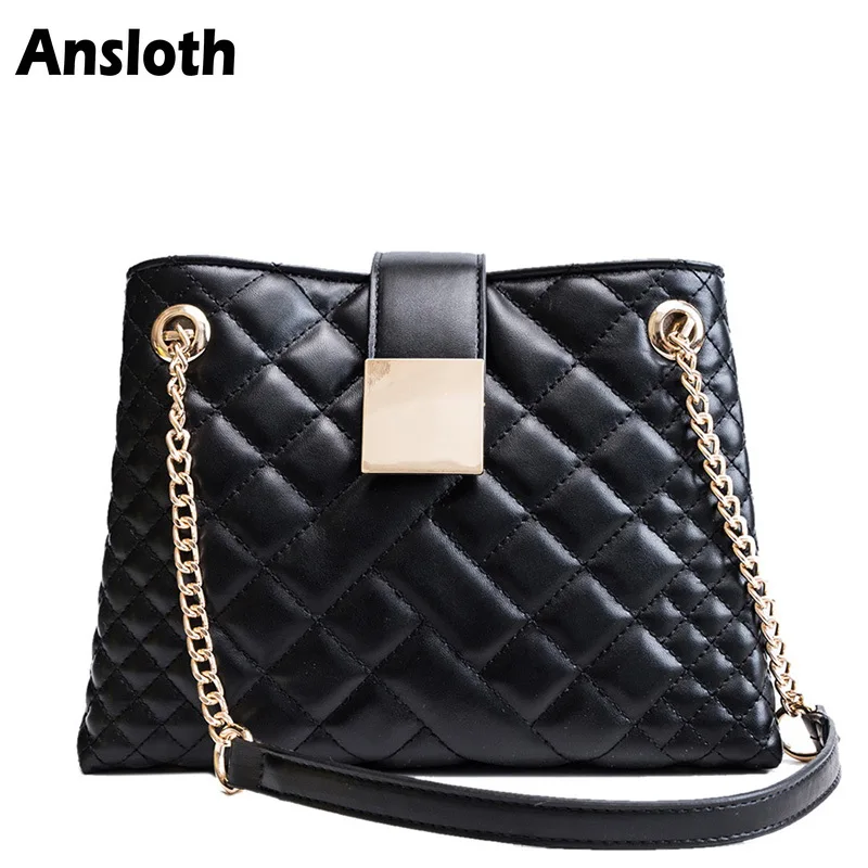 

Ansloth Diamond Lattice Shoulder Bag Women Chain Crossbody Bag PU Leather Handbag Lady Solid Color Women Bag Female Tote HPS303