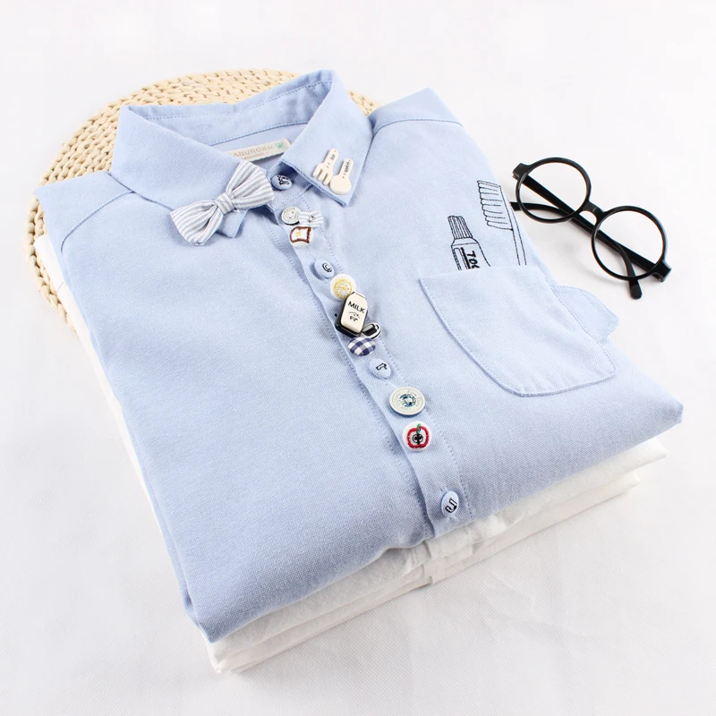 

MUMUZI preppy style cotton cartoon blouse mori girl white and light blue cute shirts japanese autumn and winter patches tops