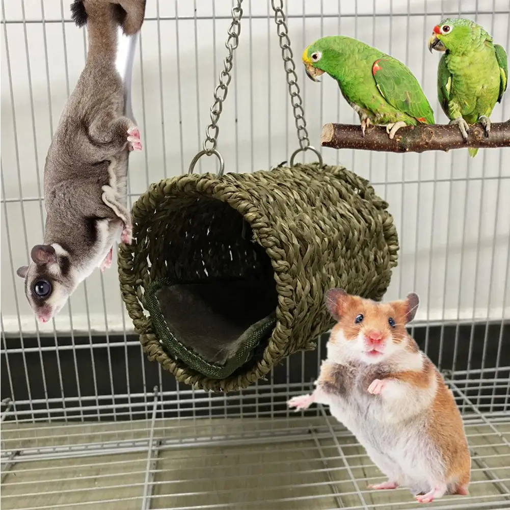 

Rat Chinchilla Squirrel Parrot Winter Warm Nest Wool Hammock Natural Straw-Waven Hamster With Warm Velvet Cushion Random Colors