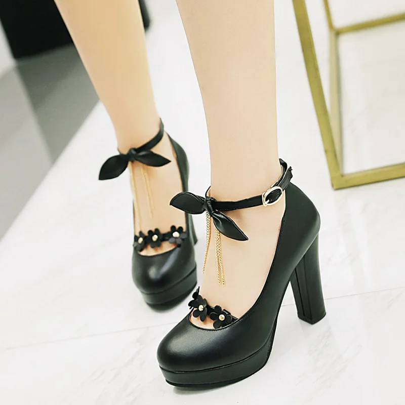 Rimocy women's super high heels lovely floral strap pumps 2019 new spring fashion thick platform pink bowtie shoes woman lolita