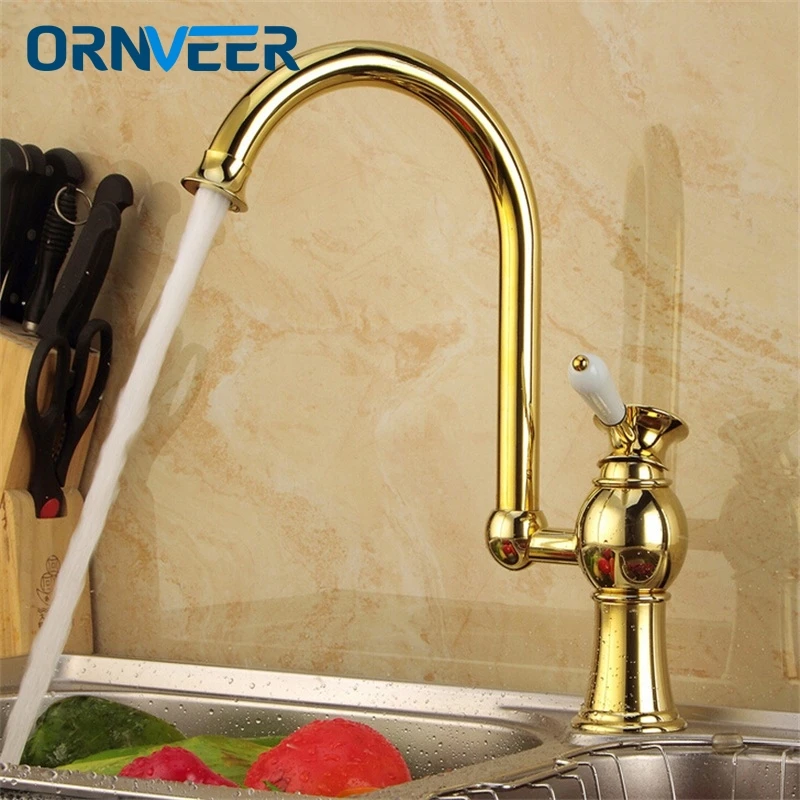 Gold Plated Rotatable Single Handle Kitchen Faucet Swivel Basin Sink