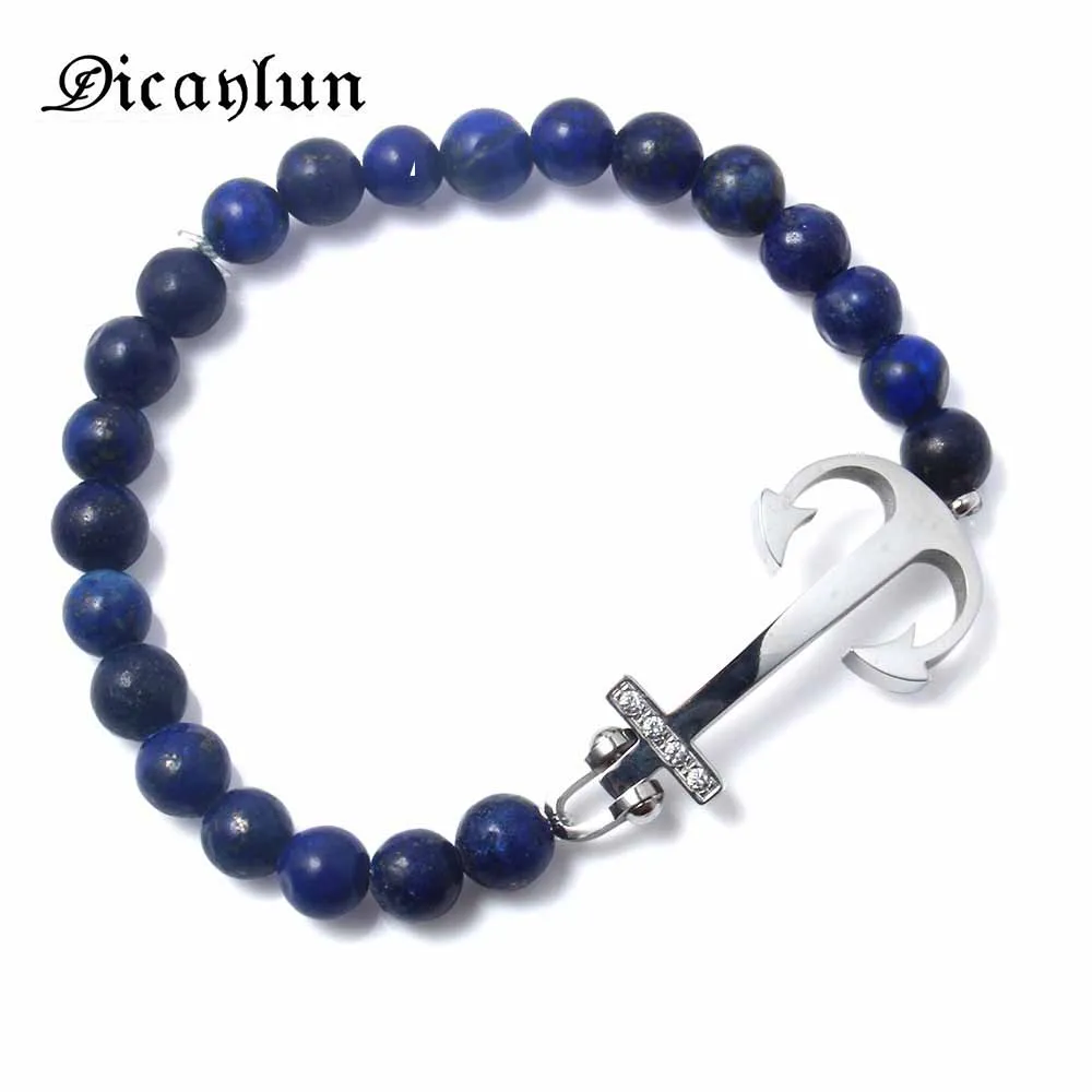 

DICAYLUN Lapis Lazuli Bracelet Stainless Steel Anchor Bracelet Men Blue Beads Elastic Sliver Charms Jewelry Accessories Man Gift