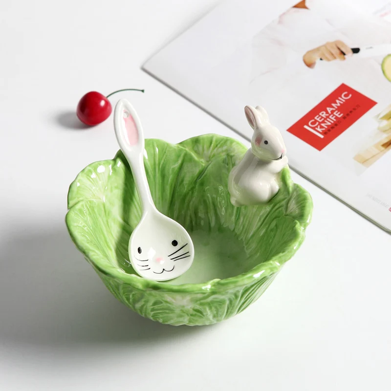 

Ceramic Cartoon Rabbits Bowl Cabbage-style Dishes Rabbits Plate Fruit Salad Bowl Tableware Home Party Decor Dining Supplies