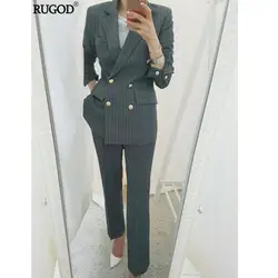 RUGOD 2019 офисные женские брючные костюмы женские элегантные двубортные с длинным рукавом Блейзер длинные брюки костюм из двух частей Верхняя