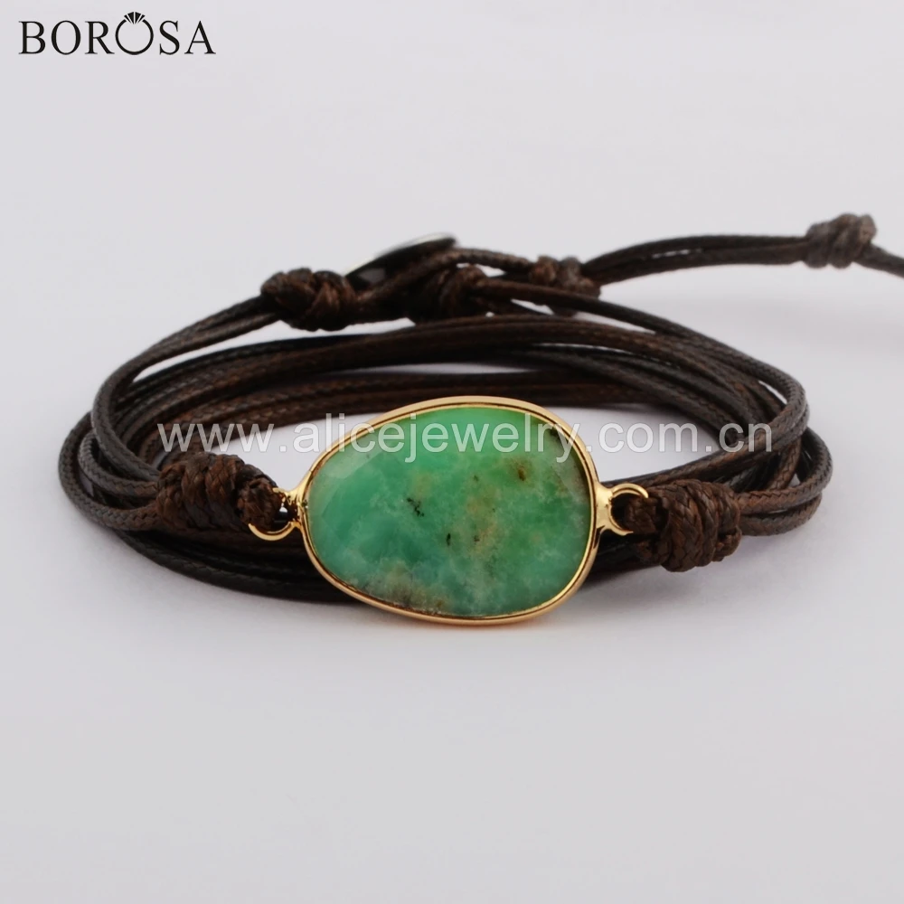 BOROSA 5 шт. Boho женский кожаный браслет позолоченный натуральный мульти-вид камни Амазонит наматывающийся браслет с подвесками ювелирные изделия ручной работы HD0025