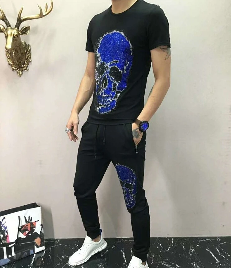 Спортивный костюм Slim Fit Хлопок Мужской короткий рукав костюм "Скелет" хип хоп мужской