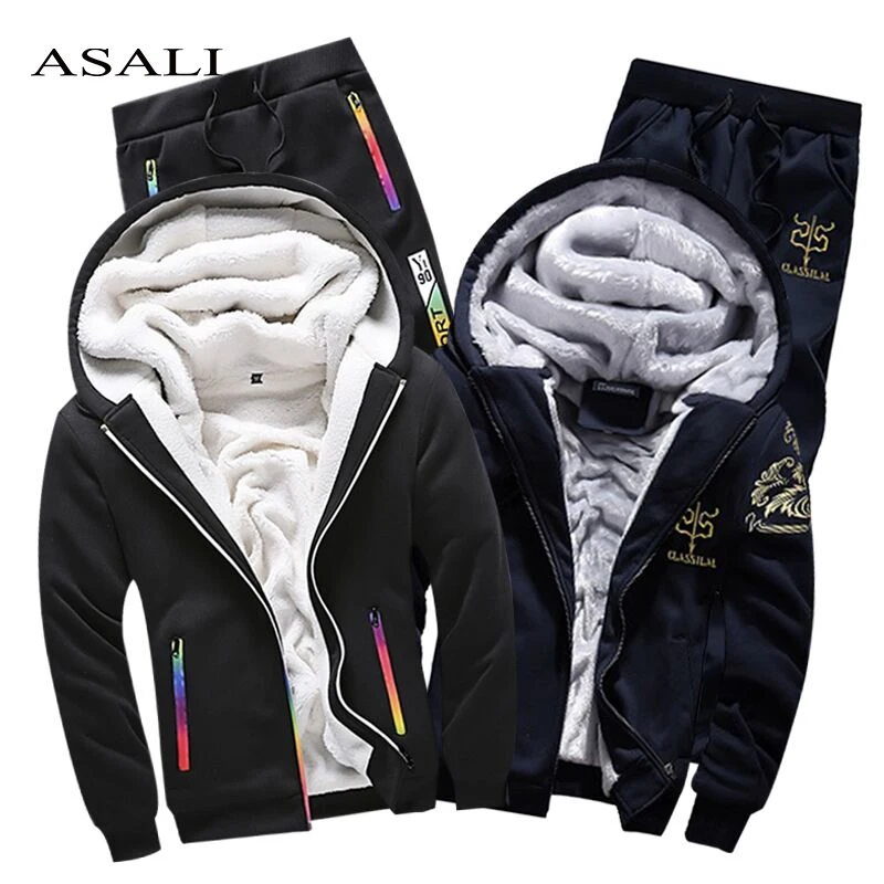 Casual Mens Tracksuit Set Warm Thick Sportwear Men Winter Pant +Fleece Hooded Hoodies Jacket Track Suit Male Trainingspak Manne