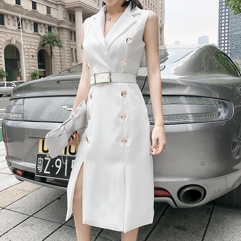 

HXJJP Reality White Dress Female Summer 2019 New Thin Medium Long OL Casual Sashes Notched Women's Dress