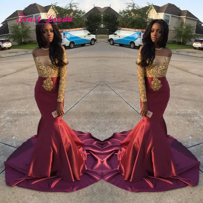 

Embroidery Burgundy Dress Wedding Guest Boat Neck Long Sleeves Mermaid Long Party Dress Black Girl Bridesmaid Dresses Long