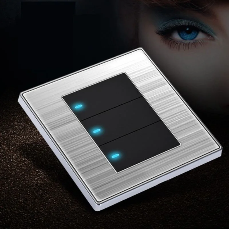 Brushed Stainless Steel Panel Click Wall Switch 3 Gang Single/Double Control LED Indicator Light Black and Gold 86*86mm 1