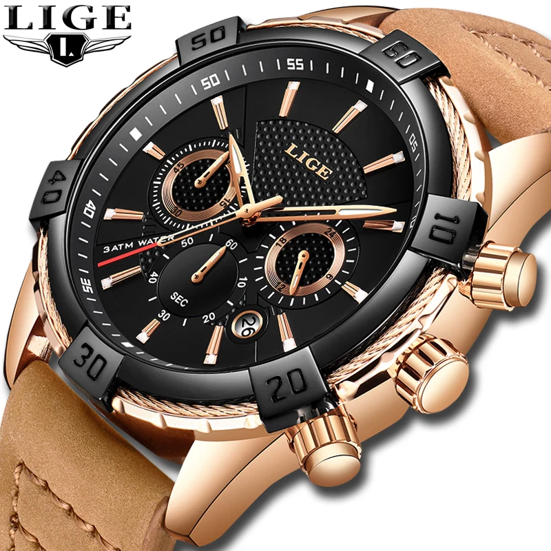 

2019 New Mens Watches Top Luxury Brand LIGE Fashion Sports Waterproof 24 Hour Date Clock Men Leather Quartz Business Wristwatch