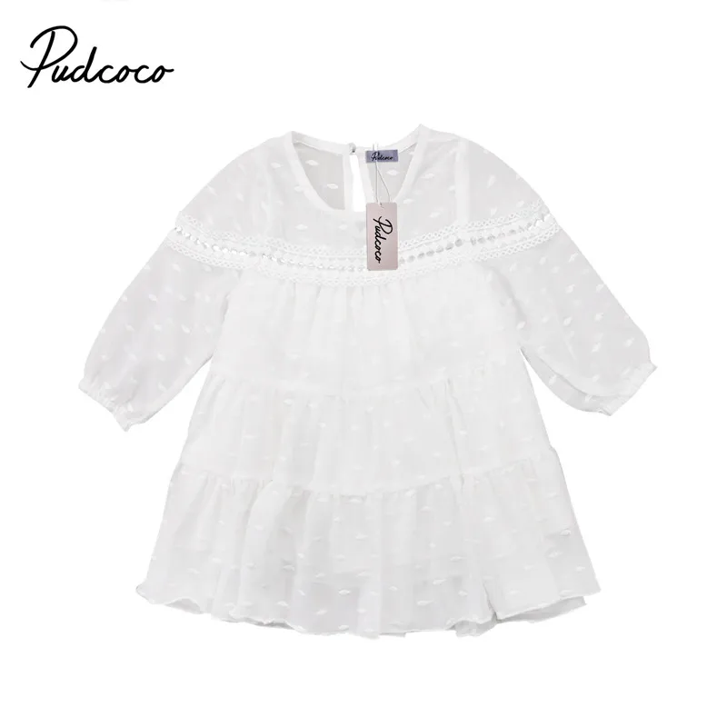Новые платья для девочек, белое кружевное детское платье с длинными рукавами, детская одежда принцессы с круглым вырезом