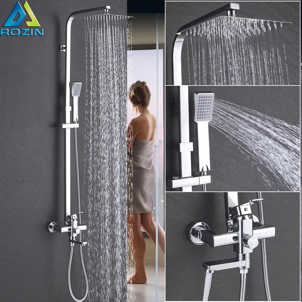 Bright Chrome Shower Faucet Set In Wall Bathroom 8/10/12" Rainfall